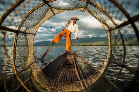 An iconic sight on Inle Lake is the leg-rowing fisherman.