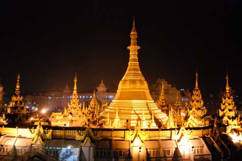 The Shwedagon Pagoda is a prominent cone-shaped Buddhist monument with a height of 99 meters.